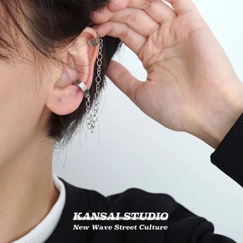 Punk Double Ear Cuff Chain Earring in Silver – No Piercing Needed