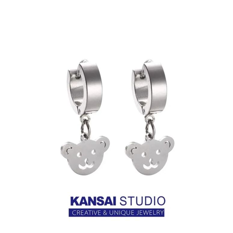 Cute Teddy Bear Dangle Hoop Earrings in Silver for Y2K and Kawaii Style