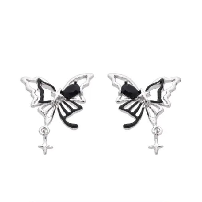 Gothic Butterfly Earrings with Black Gem and Cross Dangle in Silver