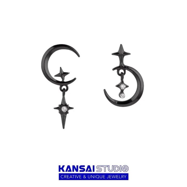 Gothic Crescent Moon and Cross Earrings in Black with Crystal Drop