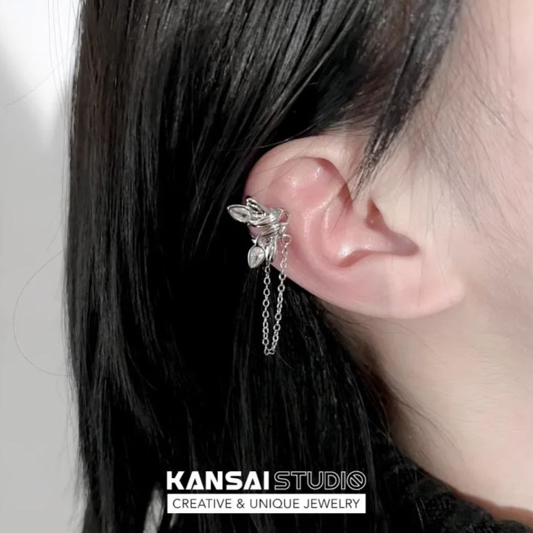 Silver Butterfly Wing Ear Cuff with Dangling Chain – No Piercing Fairycore Jewelry