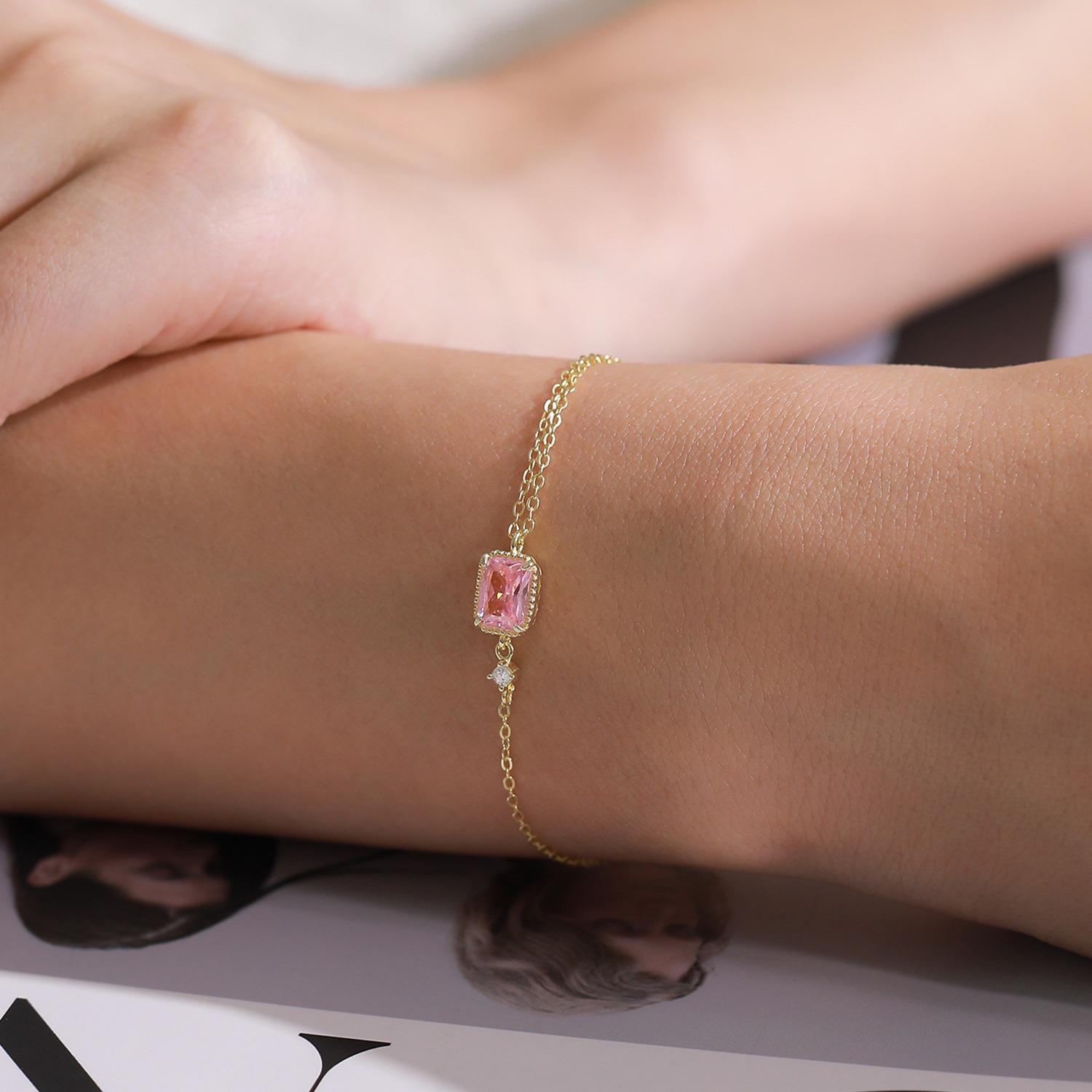 S925 pure silver sweet pink square zircon bracelet