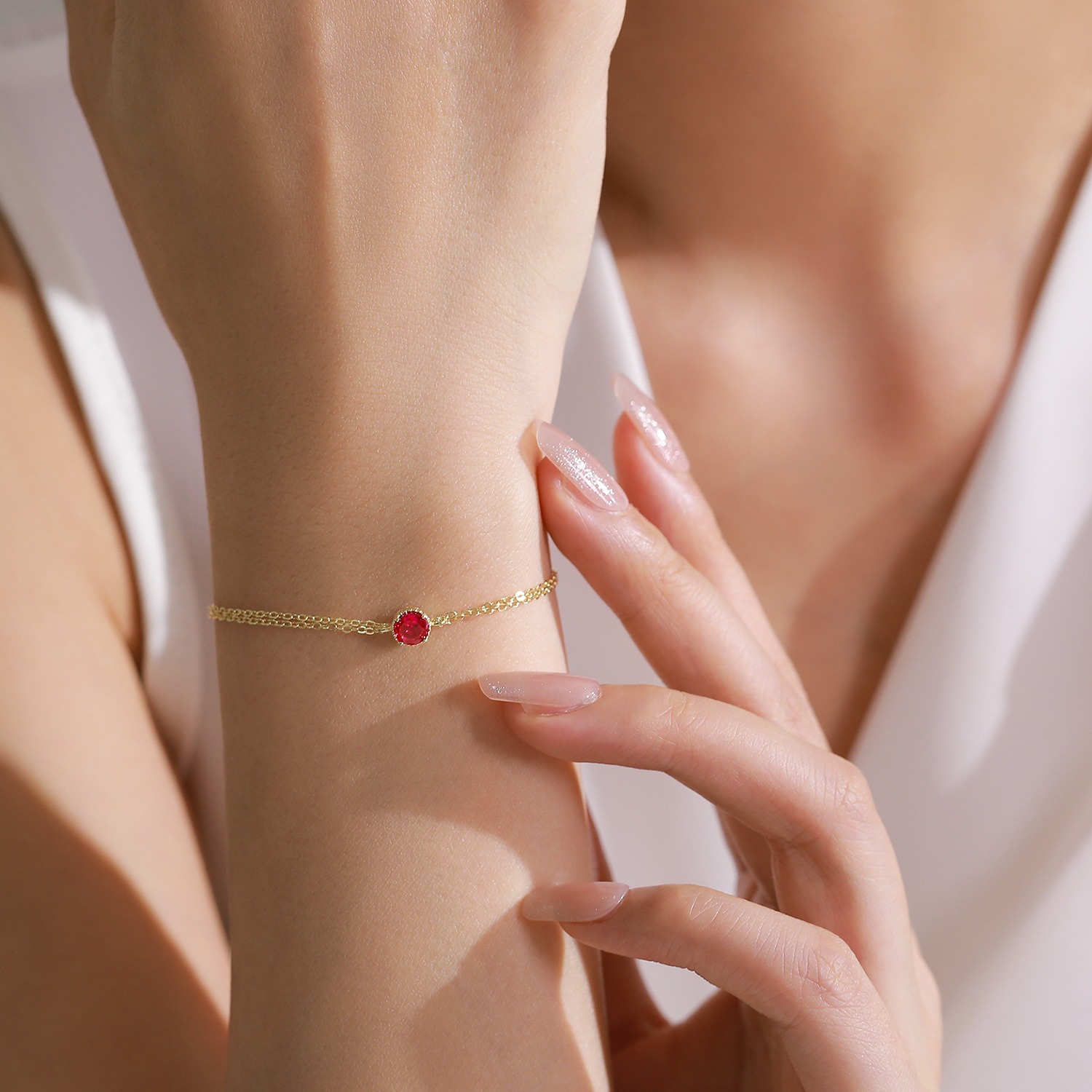 S925 Pure Silver French Luxury Rose Red Zircon Round Bracelet