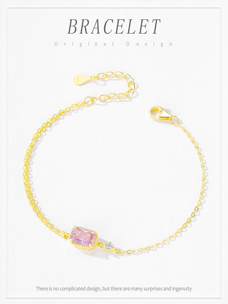 S925 pure silver sweet pink square zircon bracelet