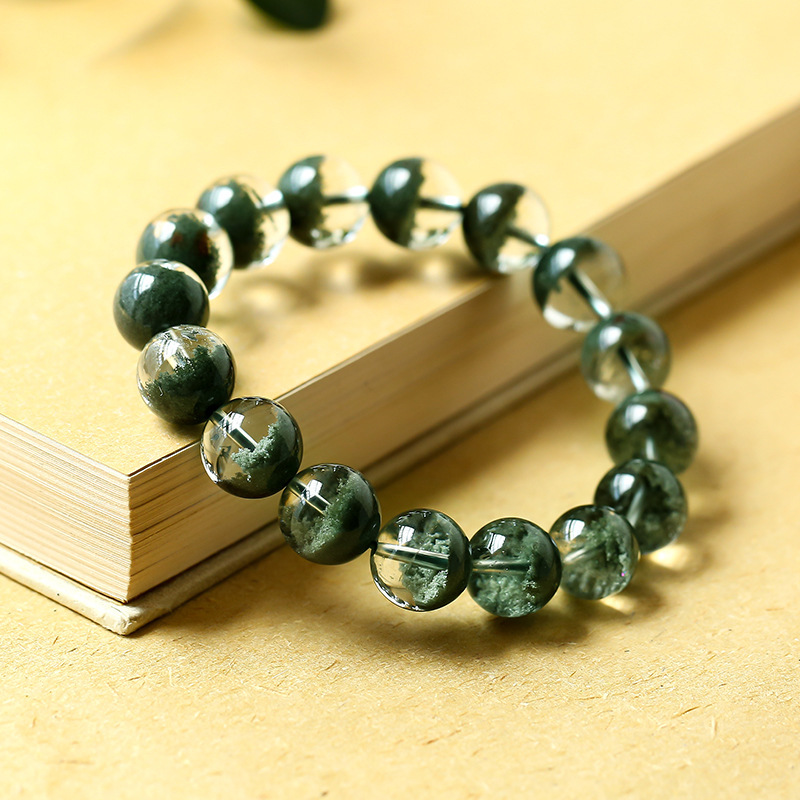 Brazilian green phantom quartz bracelet with layered beads, earthy design for men and women. 