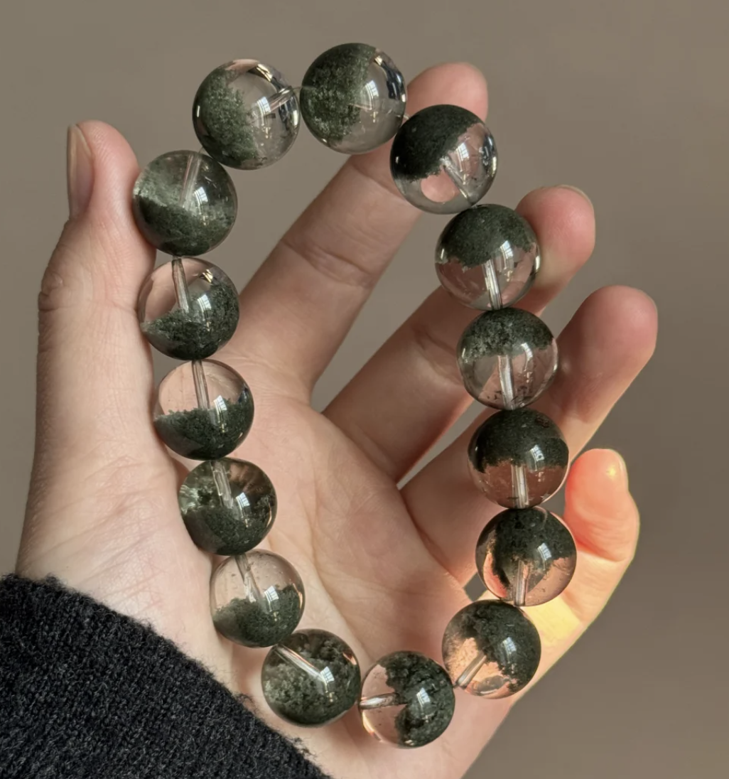 Brazilian green phantom quartz bracelet with layered beads, earthy design for men and women. 