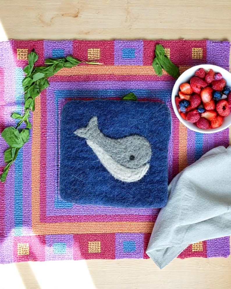 Blue Whale Pattern Absorbent Wool Felted Coaster