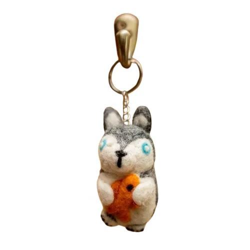 Cute Squirrel with Fish Felted Keychain