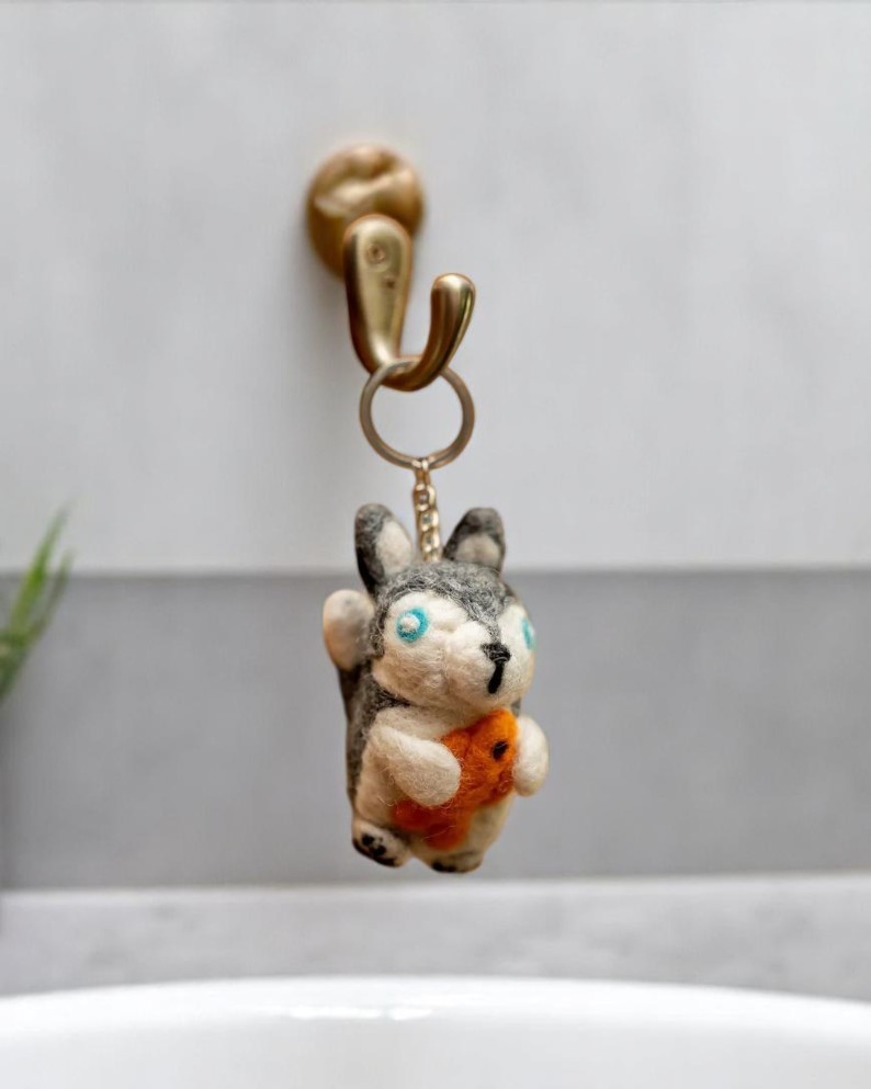 Cute Squirrel with Fish Felted Keychain