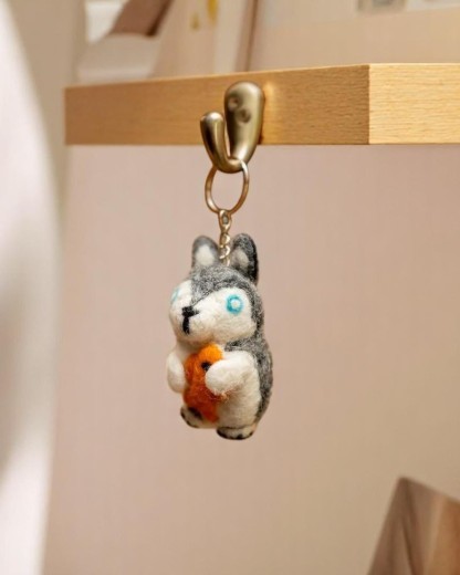 Cute Squirrel with Fish Felted Keychain