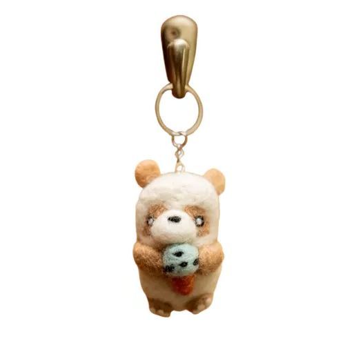 Cute Brown Bear With Ice Cream Felted Keychain