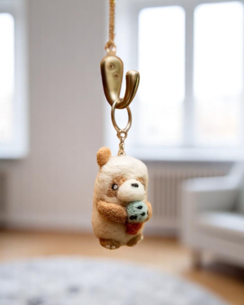 Cute Brown Bear With Ice Cream Felted Keychain