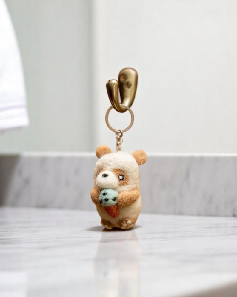 Cute Brown Bear With Ice Cream Felted Keychain