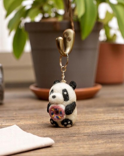 Cute Panda with Doughnut Felted Keychain