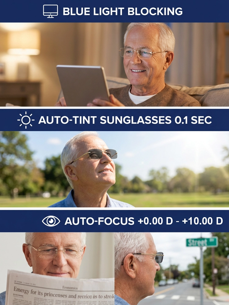 👓 Photochromic Auto-Focus Reading Glasses👓 Frameless • Ultra-Light • One Pair for Every Light & Distance
