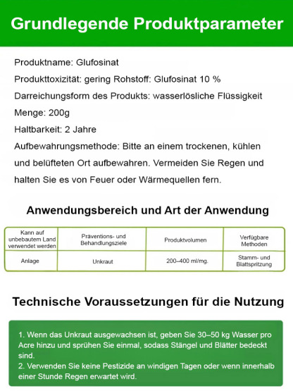 Eine gründliche Unkrautbeseitigung, die dem Boden nicht schadet – eine Flasche reicht für 3 bis 5 Morgen Land.