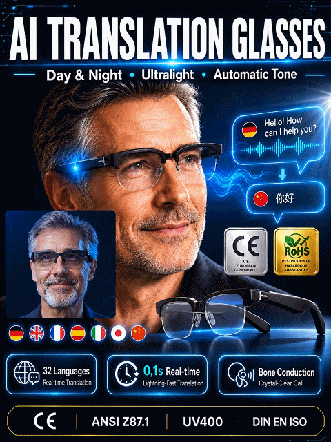 Smart Zoom Color-Changing Solar Real-Time AI Translation Glasses