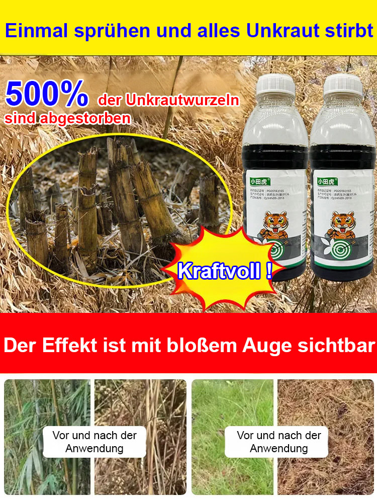 Eine gründliche Unkrautbeseitigung, die dem Boden nicht schadet – eine Flasche reicht für 3 bis 5 Morgen Land.