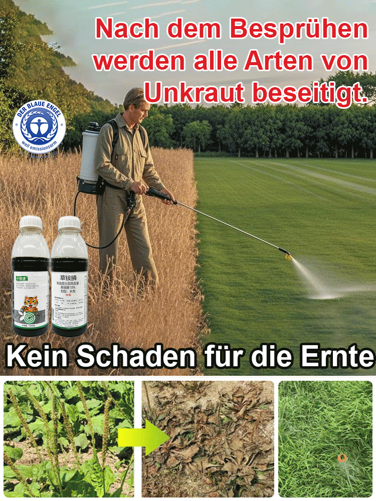 Eine gründliche Unkrautbeseitigung, die dem Boden nicht schadet – eine Flasche reicht für 3 bis 5 Morgen Land.