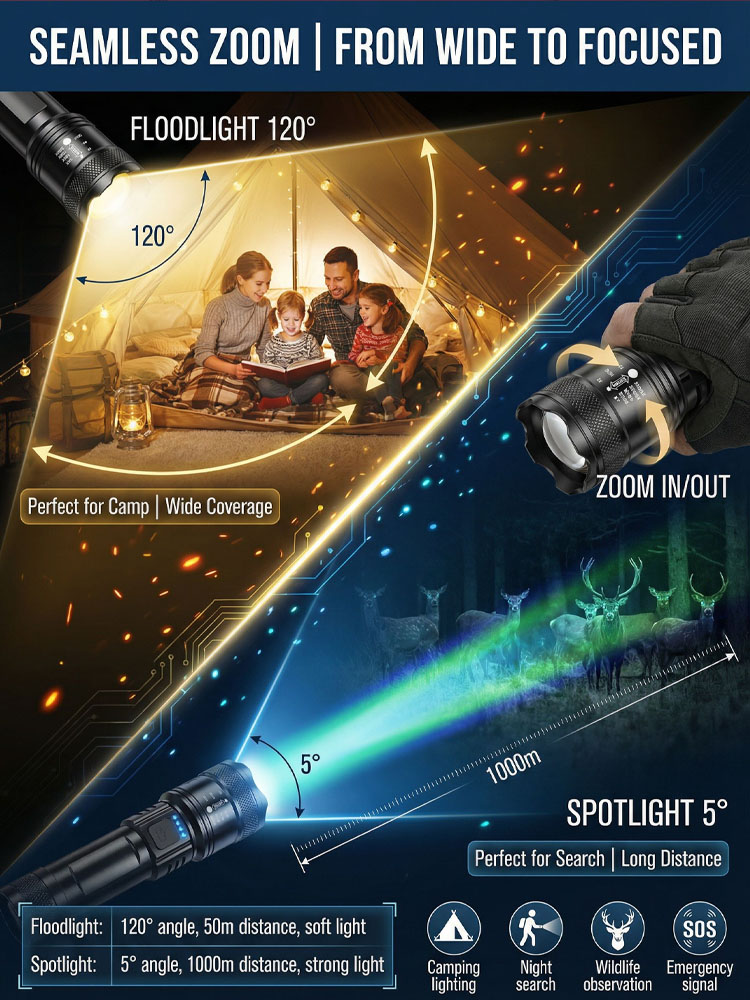 🔥Zoomable Spotlight Flashlight– 2-Mile Beam • Fire-Starting • Bear Deterrent