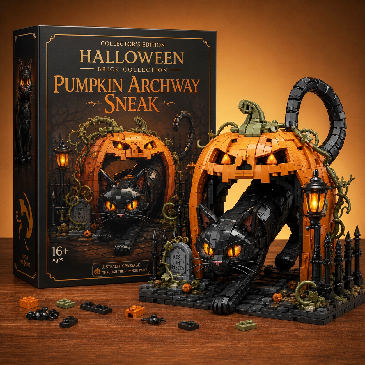 🔥 Halloween Pumpkin Archway Black Cat Building Block Set