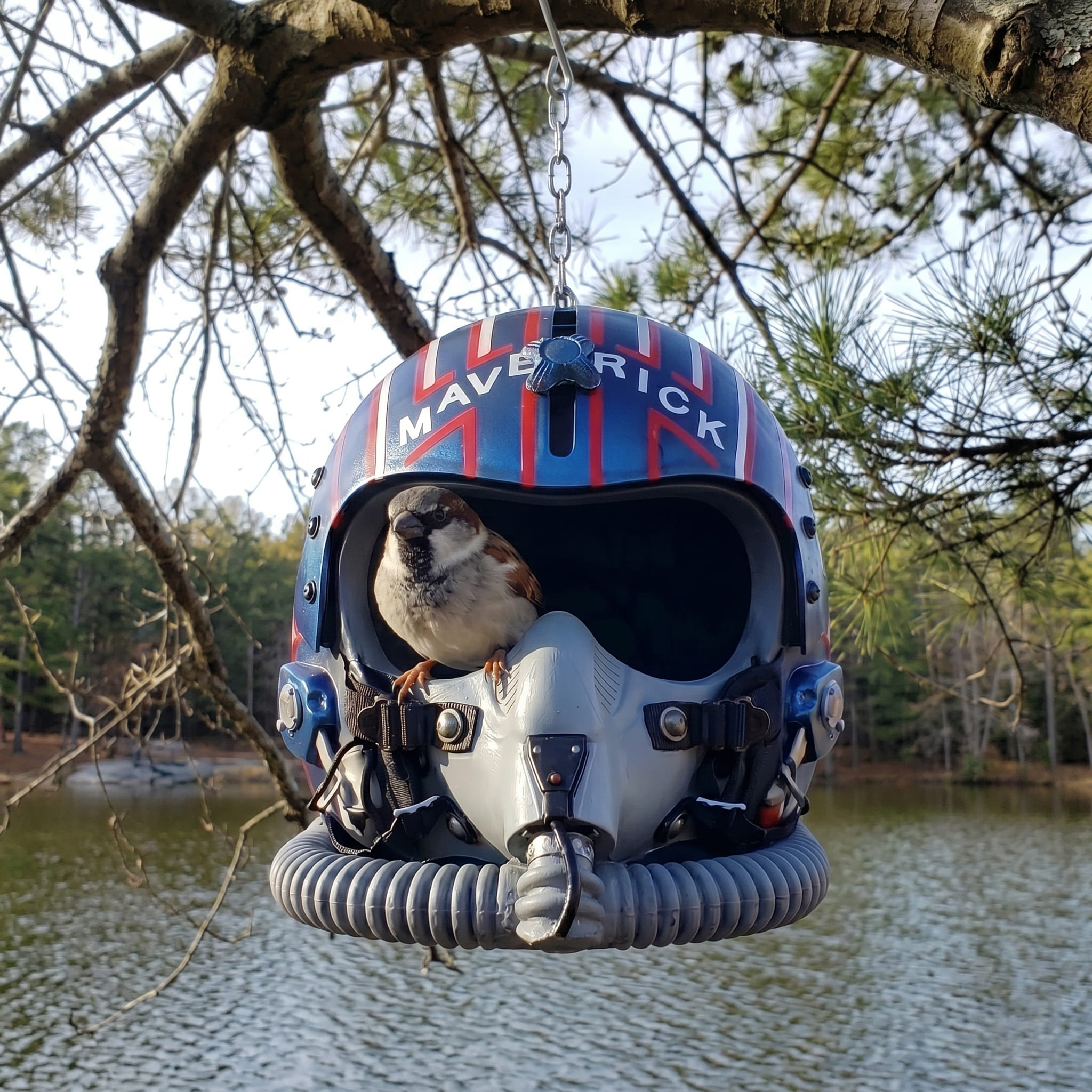 Retro 1986 Jet Fighter Pilot Helmet Hanging Birdhouse Outdoor Garden Decor