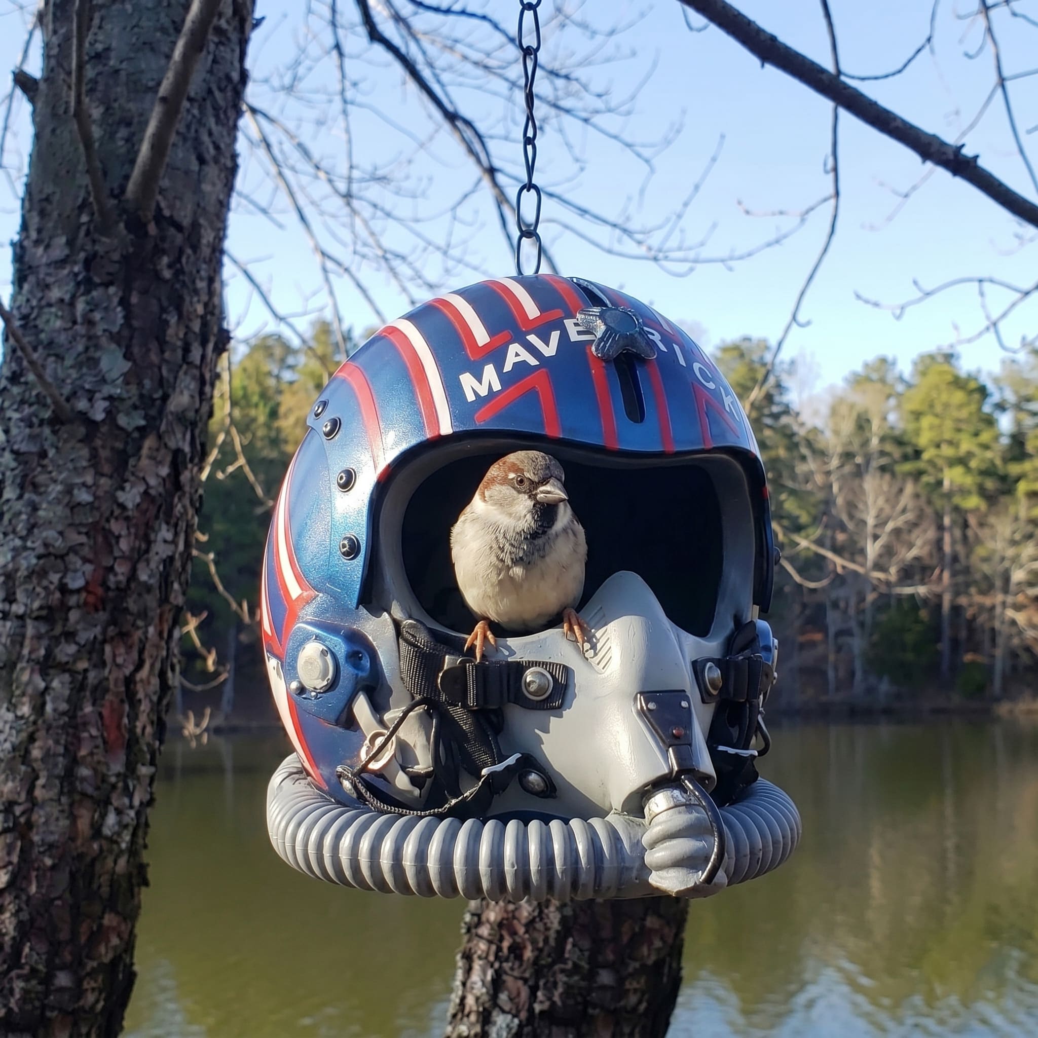 Retro 1986 Jet Fighter Pilot Helmet Hanging Birdhouse Outdoor Garden Decor