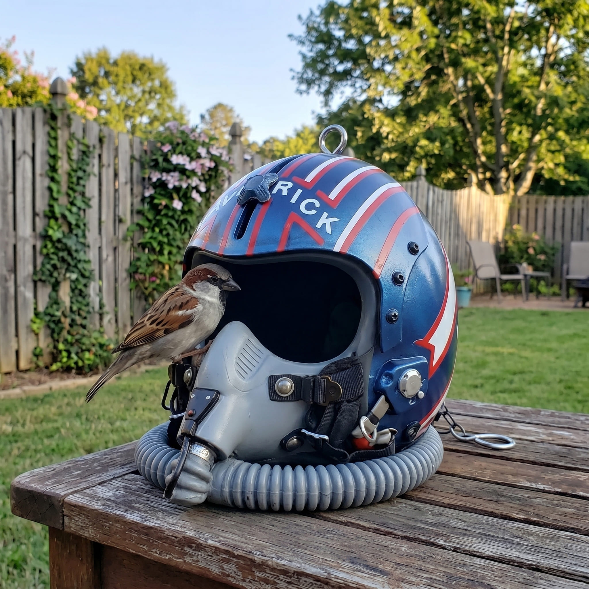 Retro 1986 Jet Fighter Pilot Helmet Hanging Birdhouse Outdoor Garden Decor