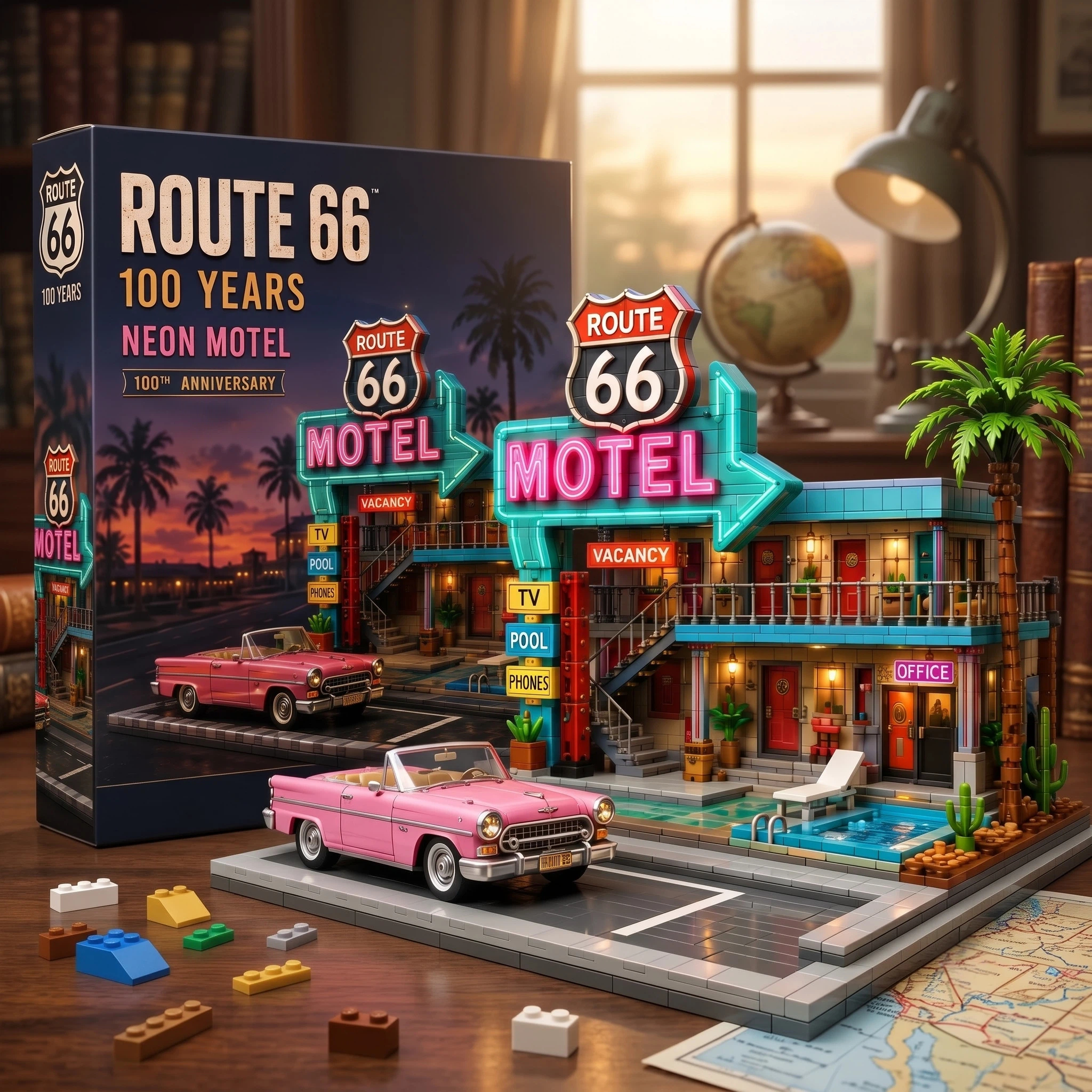 🌴 Route 66 100 Years Neon Motel Building Block Set – Retro Roadside Inn Collector Display with Pink Classic Car