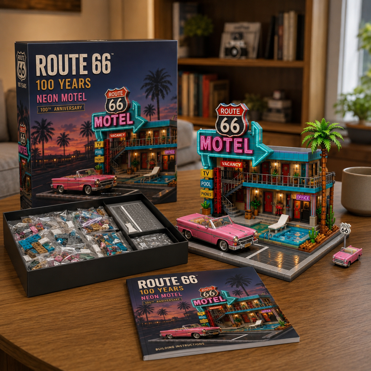 🌴 Route 66 100 Years Neon Motel Building Block Set – Retro Roadside Inn Collector Display with Pink Classic Car