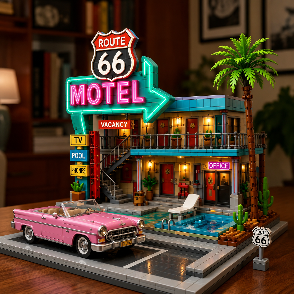 🌴 Route 66 100 Years Neon Motel Building Block Set – Retro Roadside Inn Collector Display with Pink Classic Car