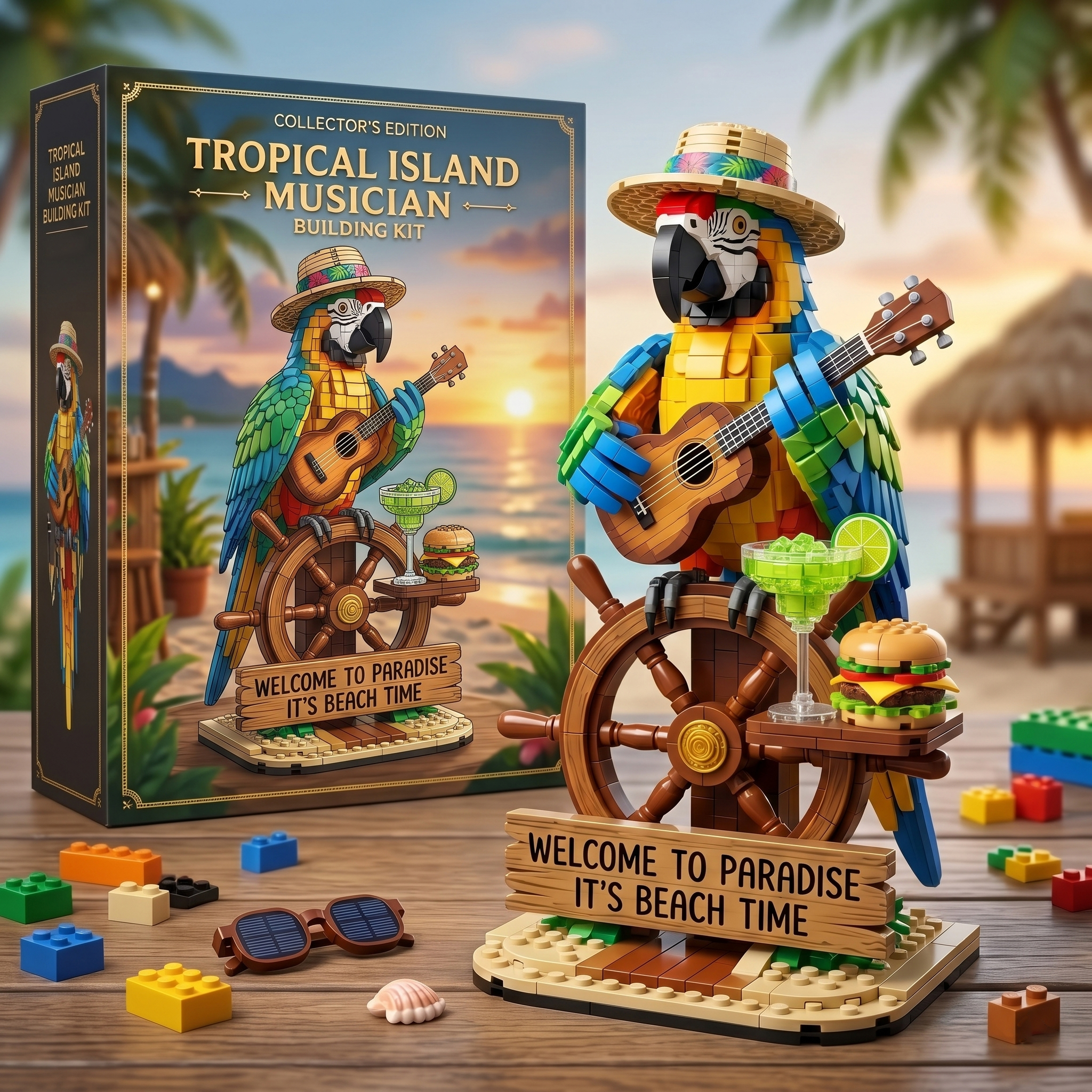 🦜 Tropical Island Musician Beach Parrot Building Block Set