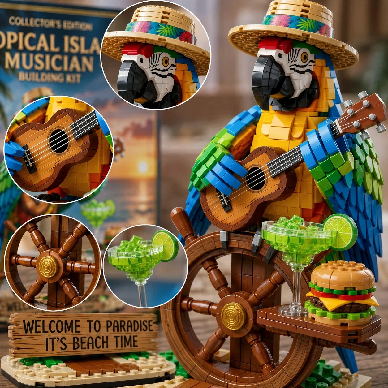 🦜 Tropical Island Musician Beach Parrot Building Block Set