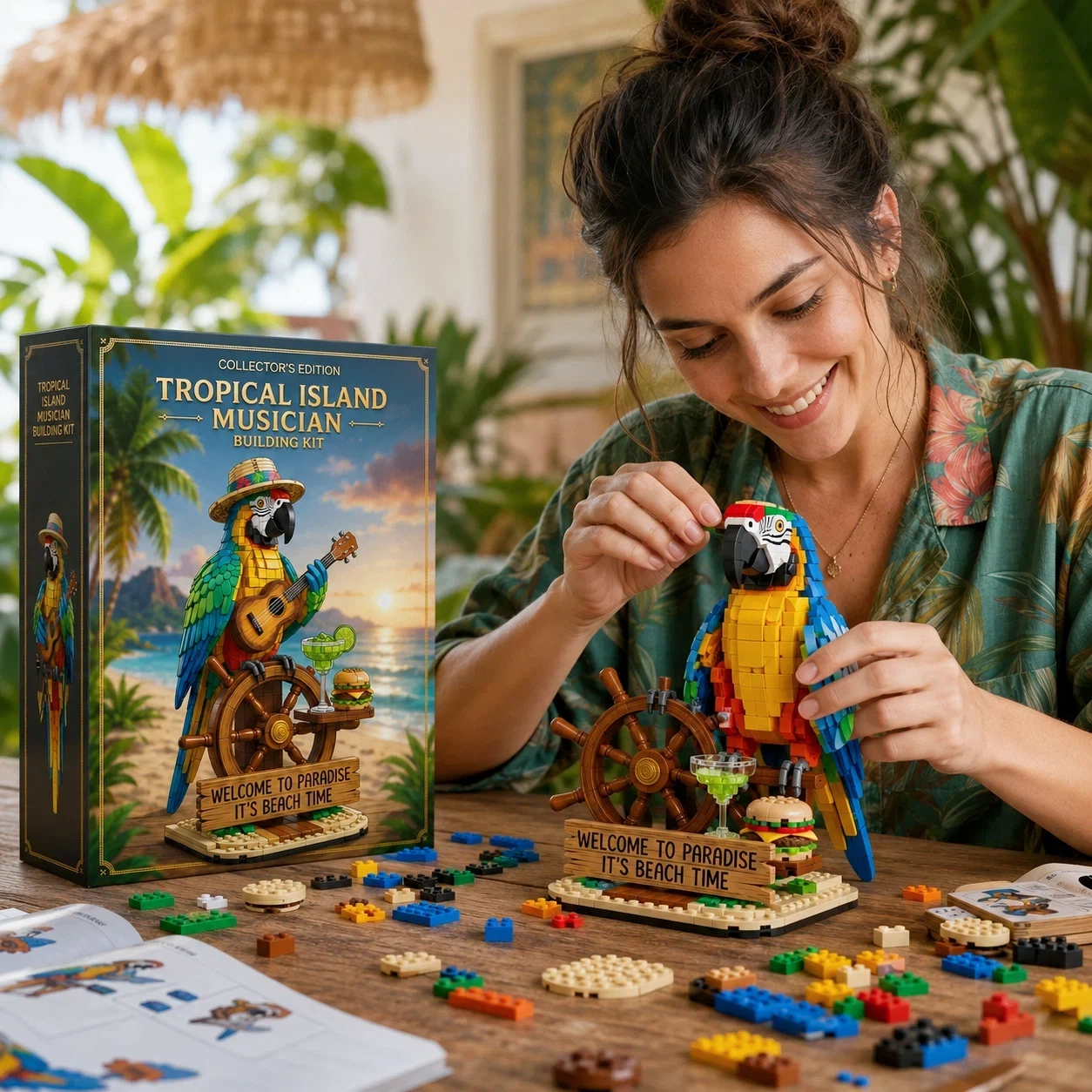 🦜 Tropical Island Musician Beach Parrot Building Block Set