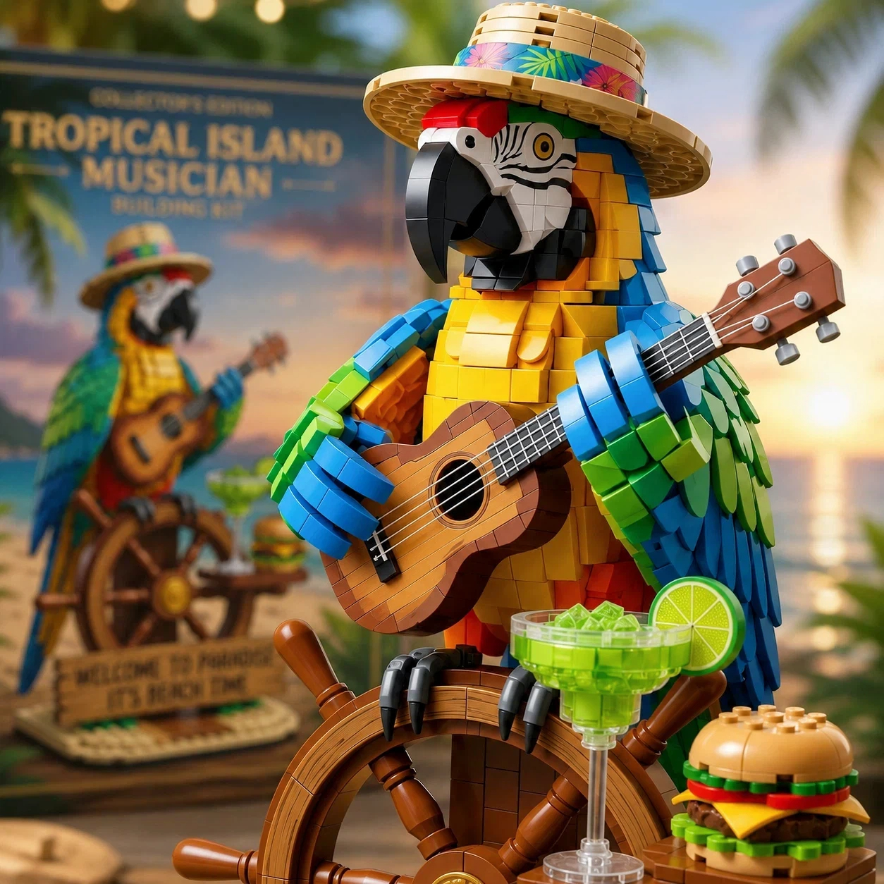 🦜 Tropical Island Musician Beach Parrot Building Block Set