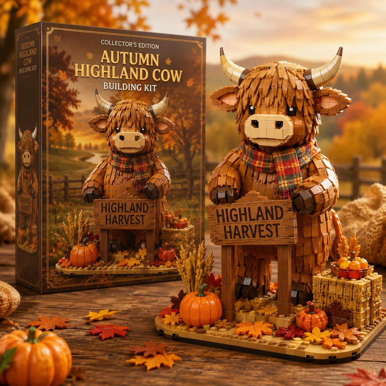 🐮 Autumn Highland Cow Building Block Set – Cozy Highland Harvest Collector Display with Pumpkins, Scarf & Fall Decor