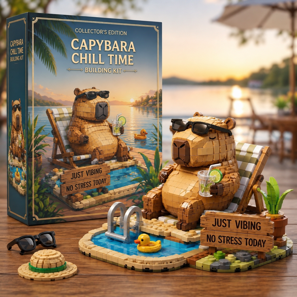 Capybara Chill Time Building Block Set – Funny “Just Vibing, No Stress Today” Poolside Collector Display