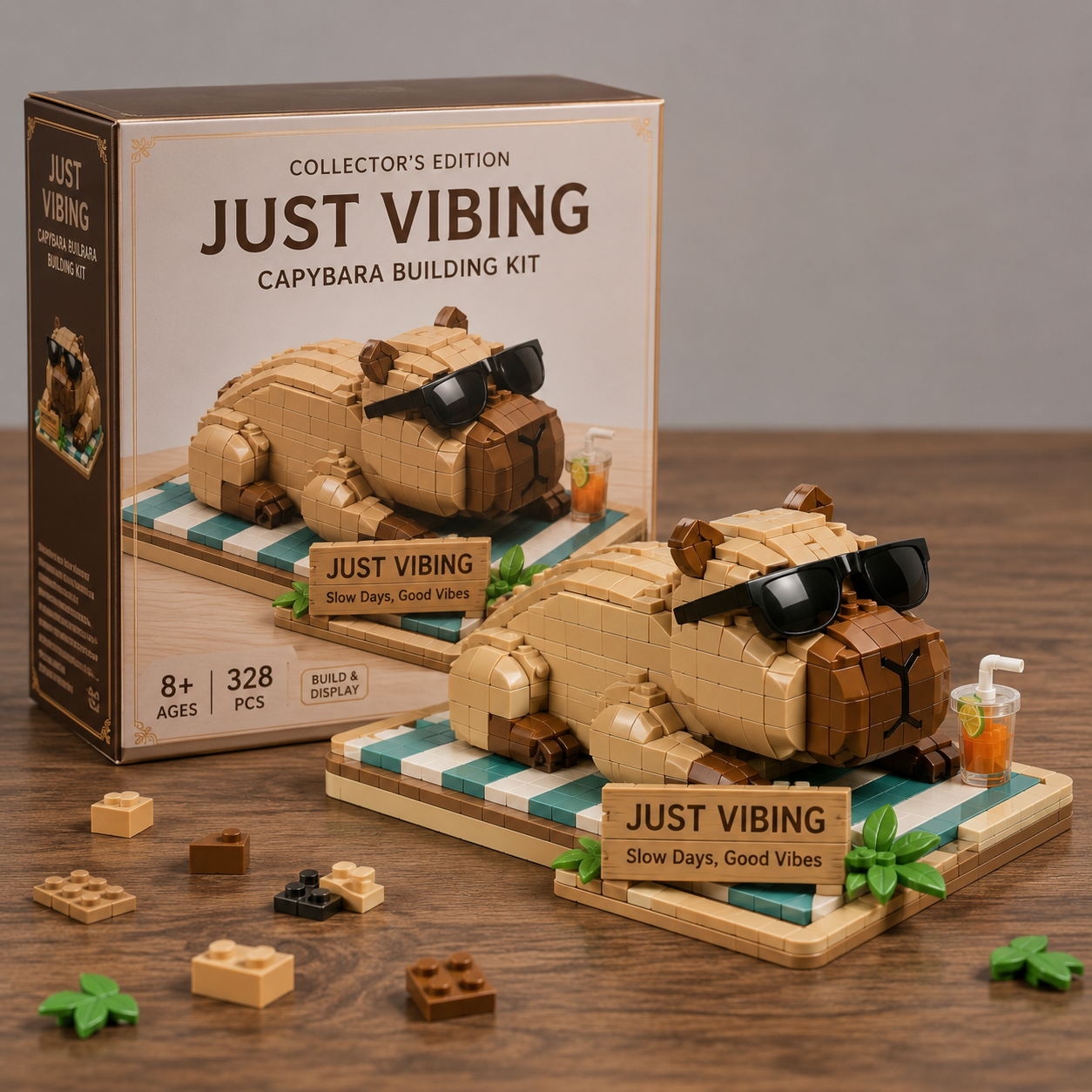 Just Vibing Capybara Building Block Set – Funny Chill Capybara Collector Display with Sunglasses & Drink