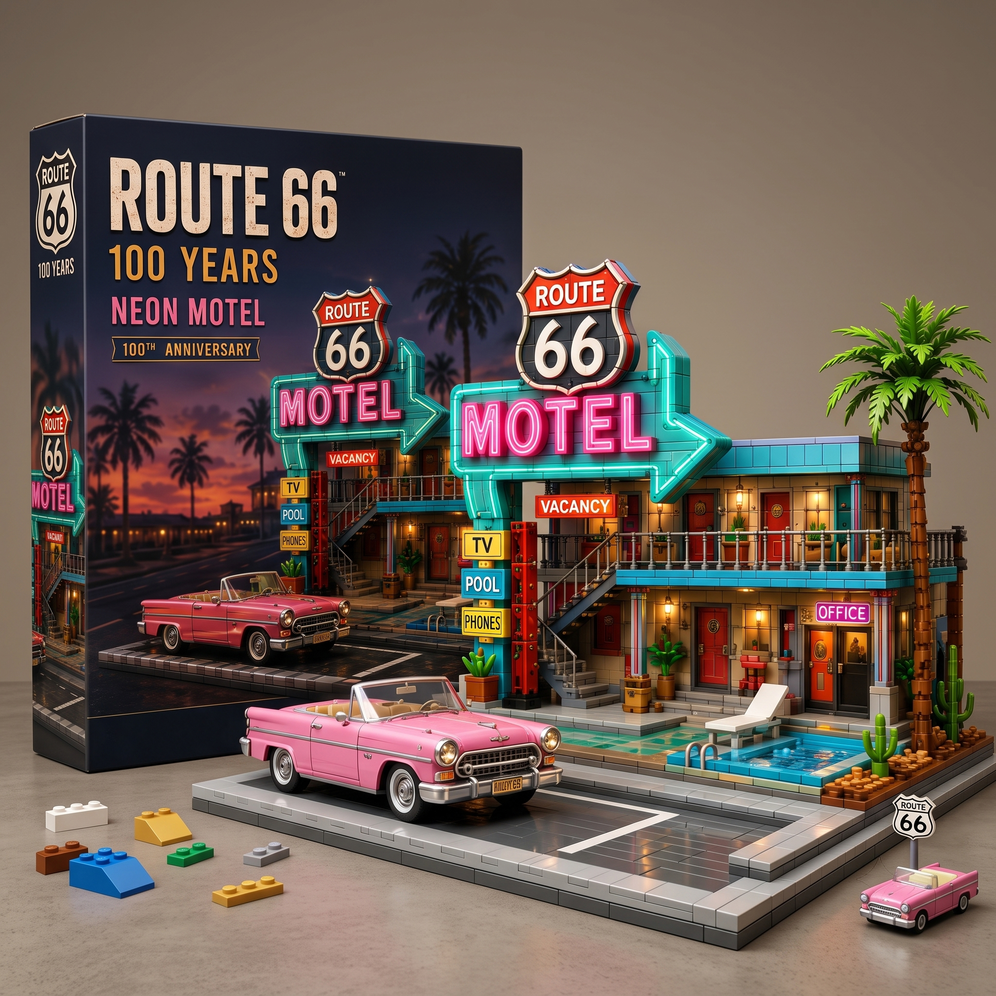 🌴 Route 66 100 Years Neon Motel Building Block Set – Retro Roadside Inn Collector Display with Pink Classic Car