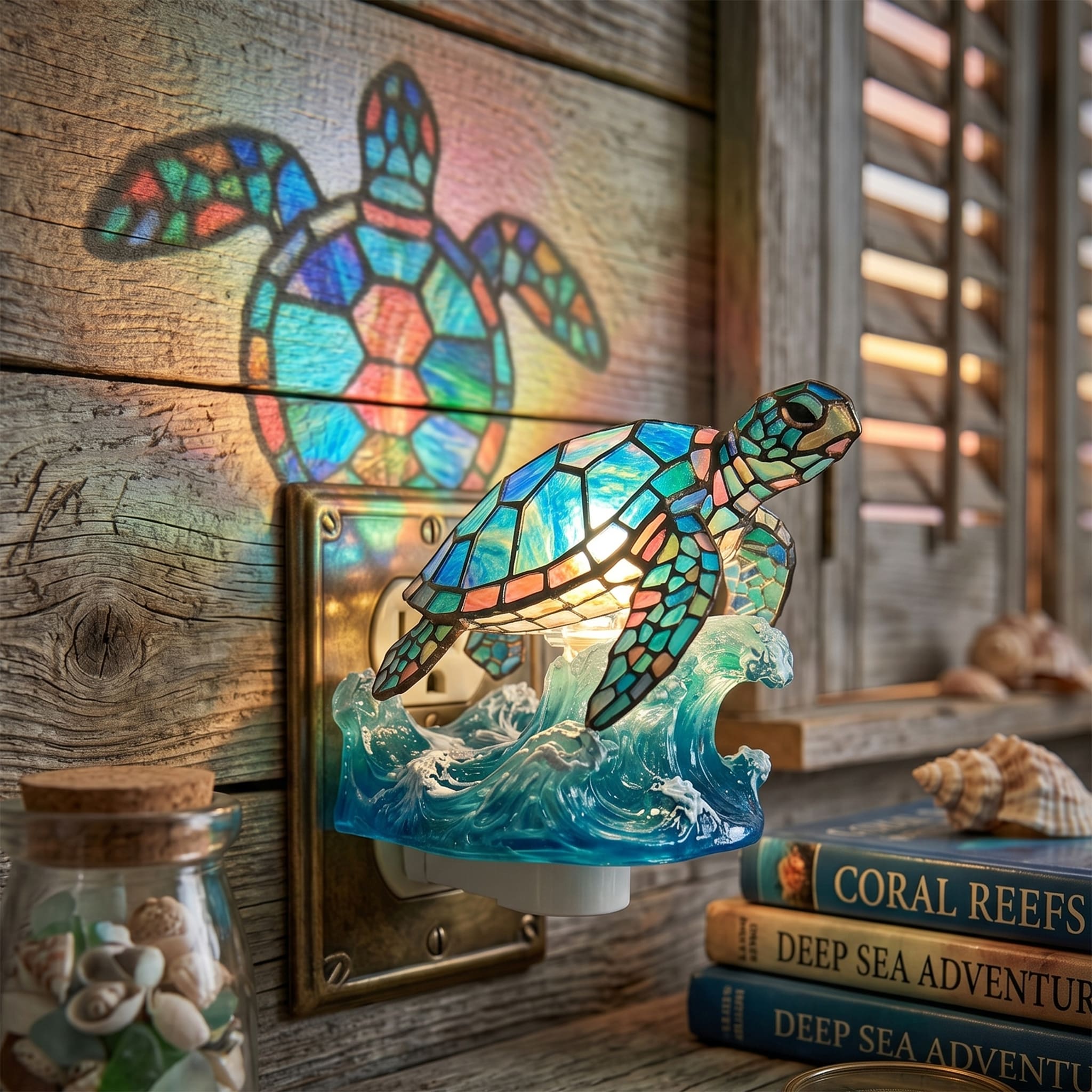 Handcrafted Stained Glass Sea Turtle Ocean Wave Plug In Wall Night Light