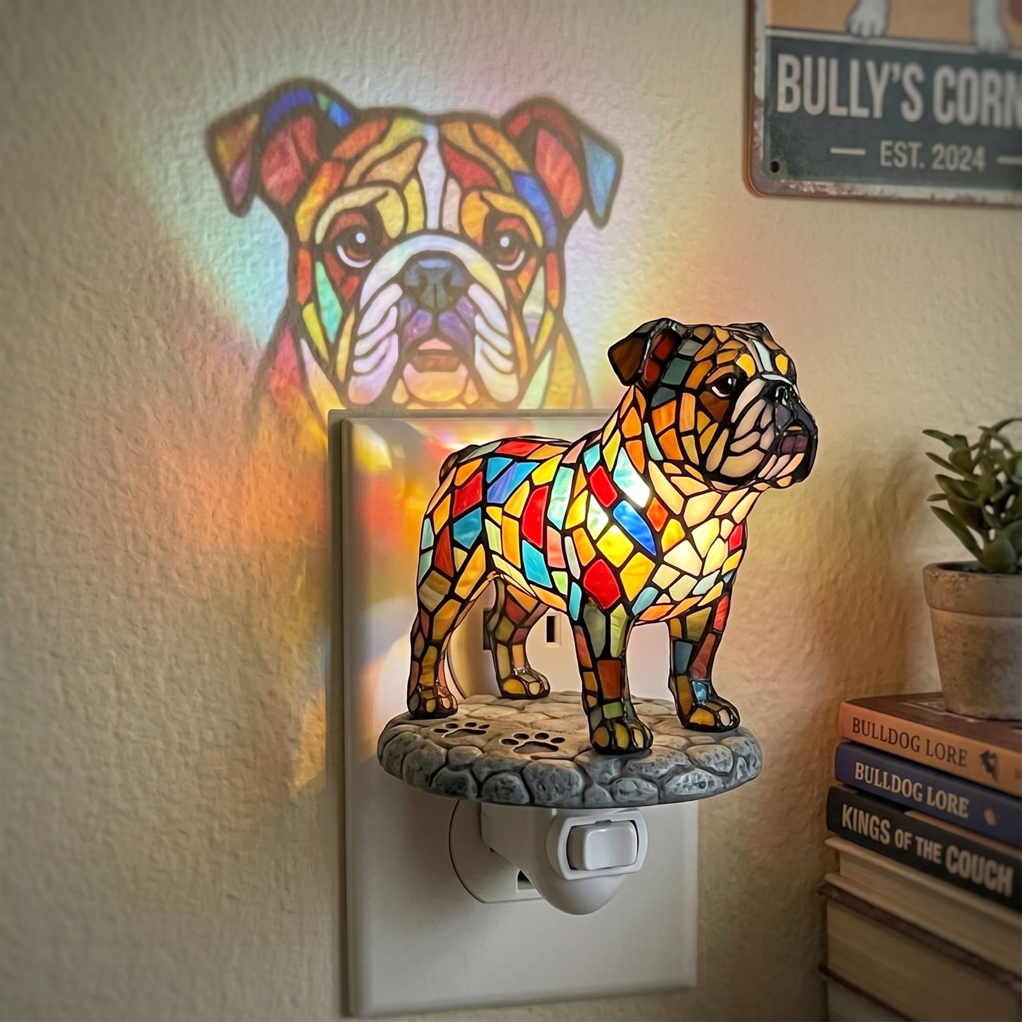 Handcrafted Stained Glass Bulldog Plug In Wall Night Light