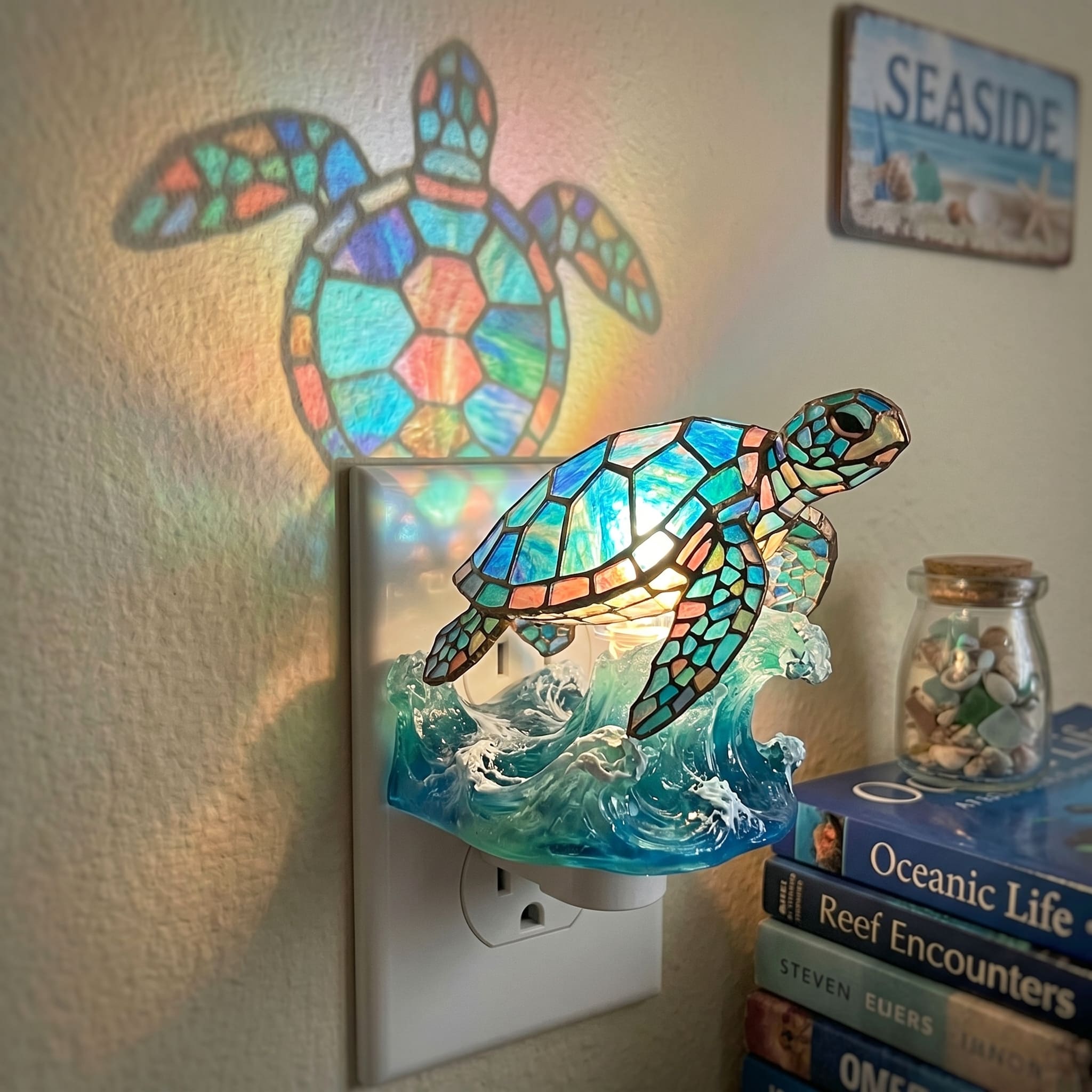 Handcrafted Stained Glass Sea Turtle Ocean Wave Plug In Wall Night Light