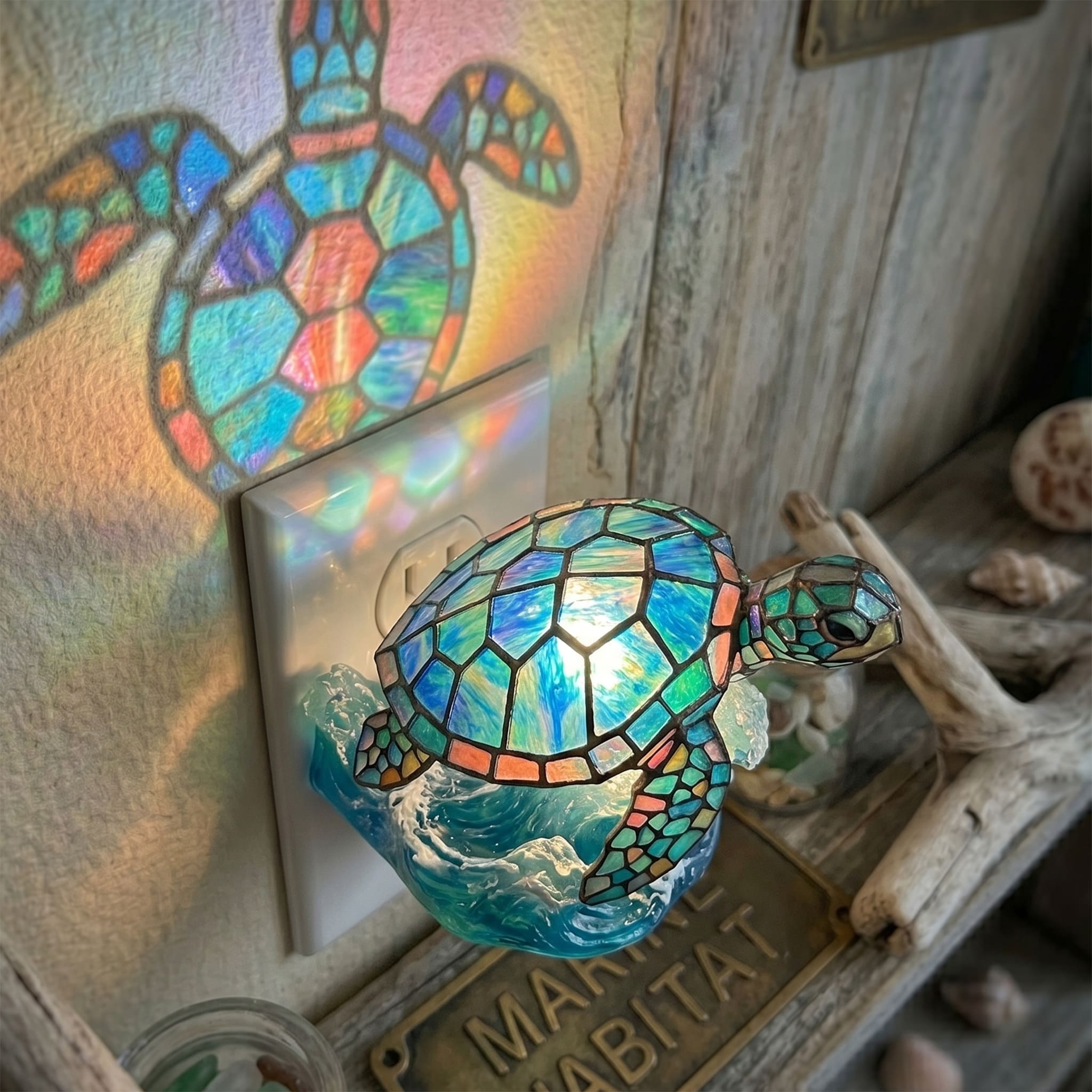 Handcrafted Stained Glass Sea Turtle Ocean Wave Plug In Wall Night Light