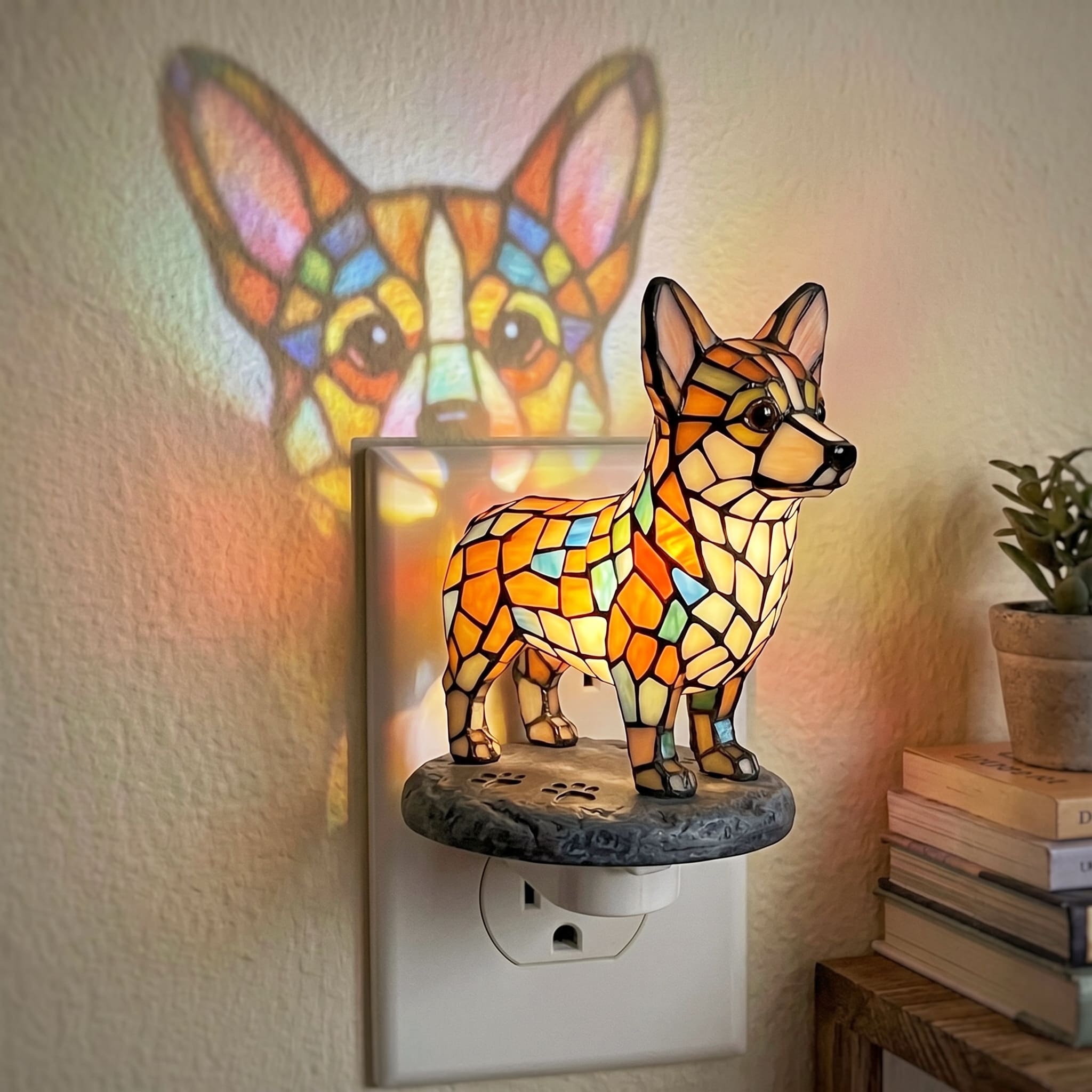 Handcrafted Stained Glass Corgi Dog Plug In Wall Night Light