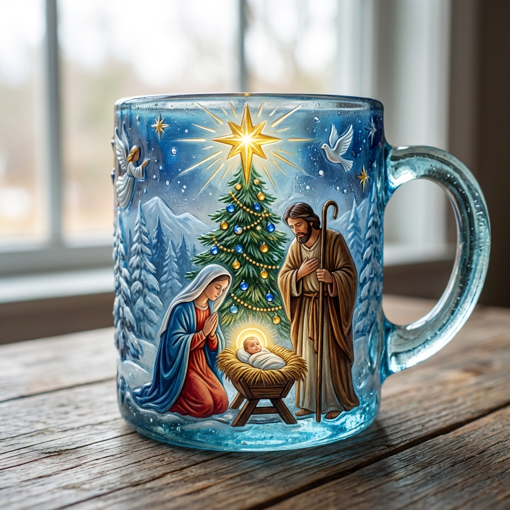 Nativity Scene Heavenly Blue Glass Mug