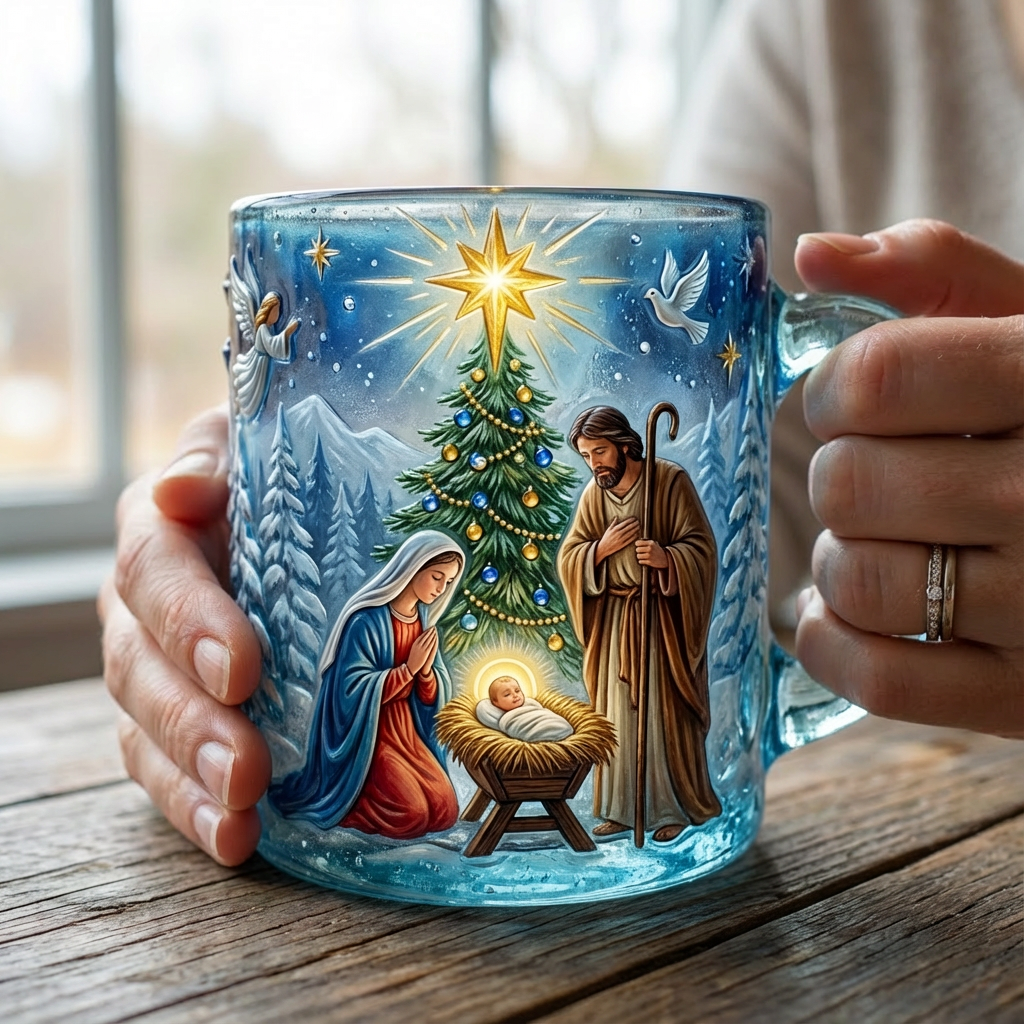 Nativity Scene Heavenly Blue Glass Mug