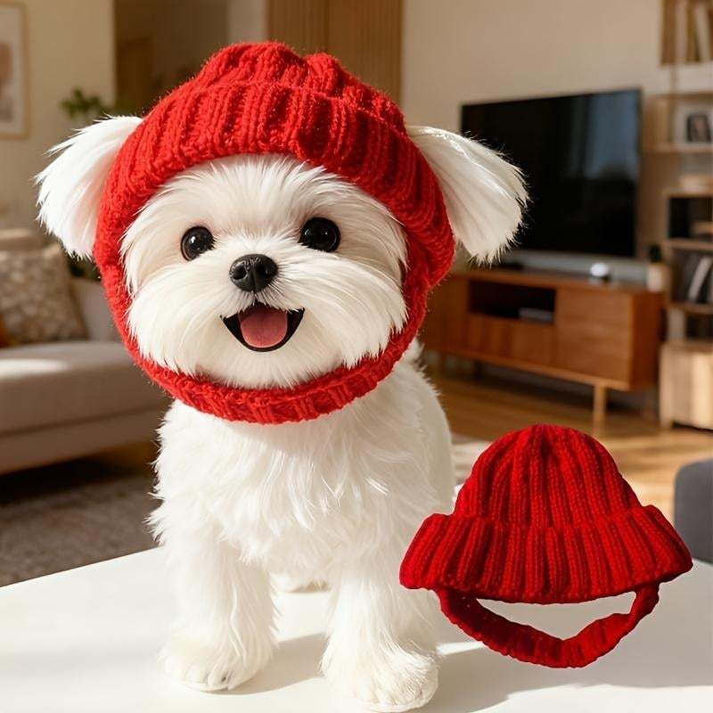 🔥LAST DAY 50% OFF - 🐾Red Wool Knit Dog Beanie with Ear Flaps – Warm 