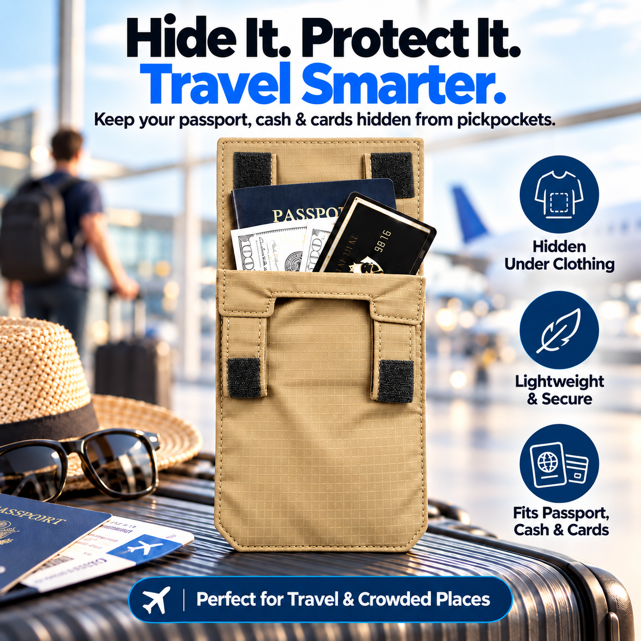 ✈️ Hidden Anti-Theft Passport Pouch – Slim Travel Security Belt Wallet for Cash, Cards & Documents