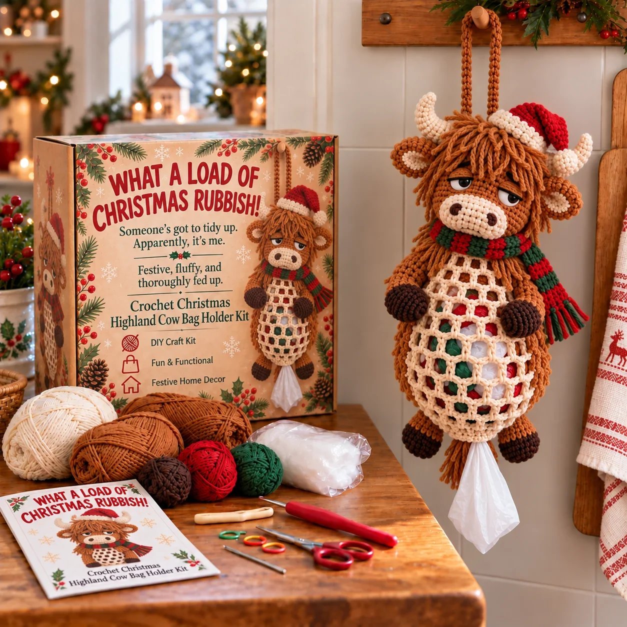 Highland Cow Christmas crochet bag holder kit and finished character