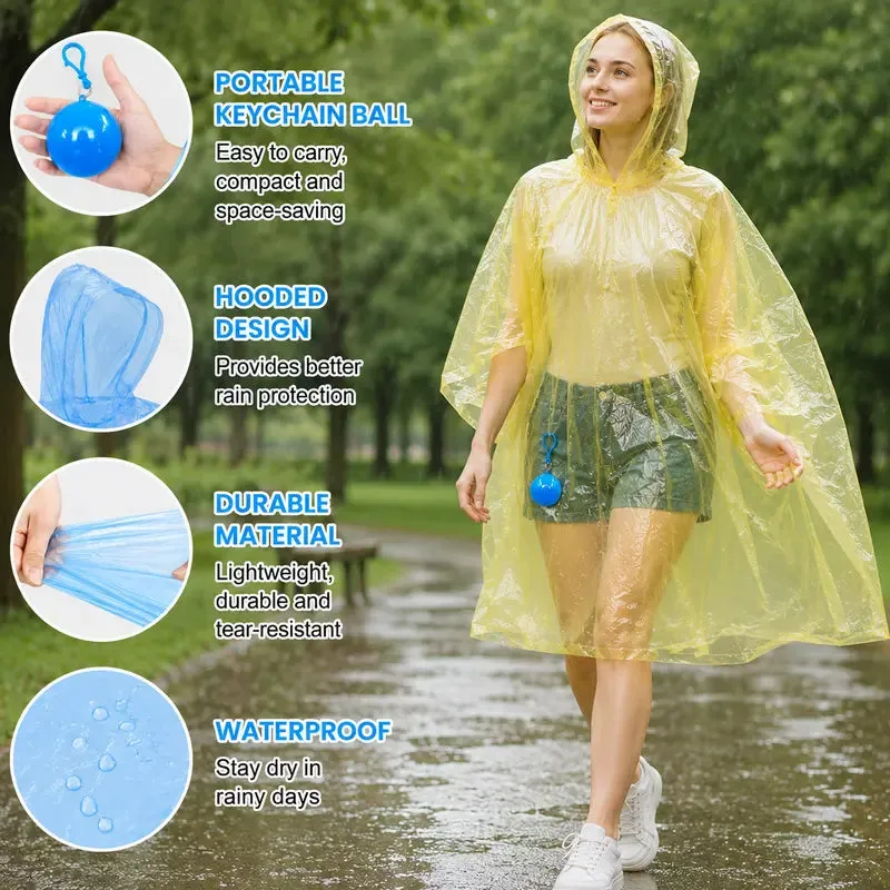 Yellow hooded rain poncho worn outdoors with portable keychain ball
